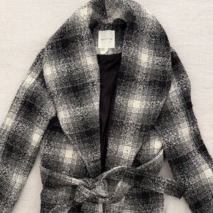 Plaid Black and White Wool Blend Coat